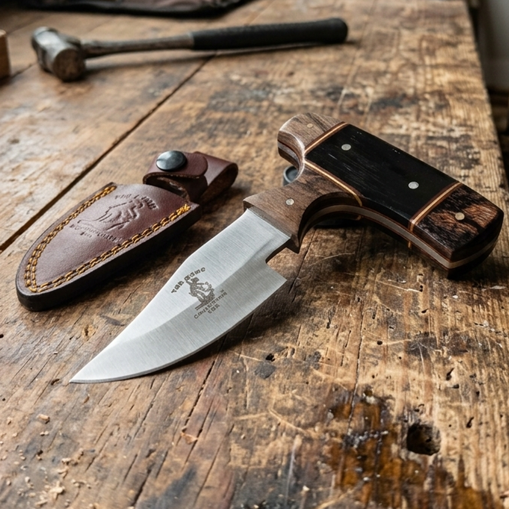 BC 872-BWD 5" Bone Collector Black & Brown Resin Wood Short Blade Skinning Knife with Leather Sheath