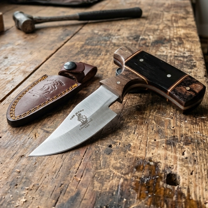 BC 872-BWD 5" Bone Collector Black & Brown Resin Wood Short Blade Skinning Knife with Leather Sheath