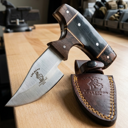 BC 872-BWD 5" Bone Collector Black & Brown Resin Wood Short Blade Skinning Knife with Leather Sheath