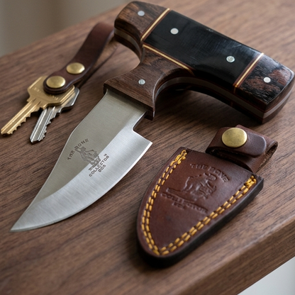 BC 872-BWD 5" Bone Collector Black & Brown Resin Wood Short Blade Skinning Knife with Leather Sheath