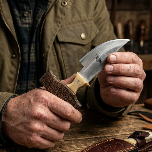 BC 872-RW 5" Bone Collector Carved Wood Short Blade Skinning Knife with Leather Sheath