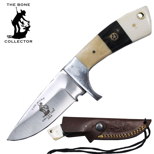 BC 881-BN 6.5" White Bone Collector Bovine Handle Skinner Knife with Rope Leather Sheath & Lanyard