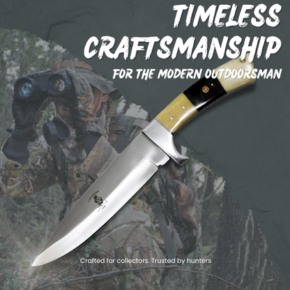 BC 882-WRW 12" Bone Collector White Bovine & Rosewood Handle Hunting Knife with Leather Sheath