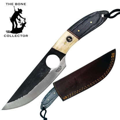 A fixed-blade knife with a dark wood handle, a circular guard cutout, and a partially serrated steel blade, shown alongside its brown leather sheath on a white background. The Bone Collector logo is visible in the top-left corner.