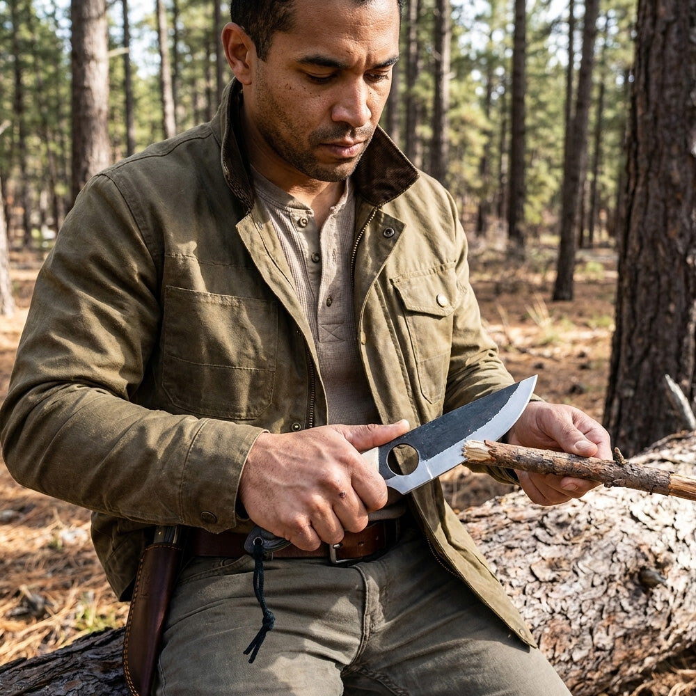 A man in an olive green jacket and khaki shirt sits on a log in a pine forest, holding a fixed-blade knife with a dark gray blade and brass bolster while carving a piece of wood.