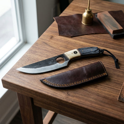 A fixed-blade knife with a dark steel blade, a light wood handle, and a black handle wrap rests on a wooden table next to its dark brown leather sheath. A brass oil bottle and leather patches are visible in the background.