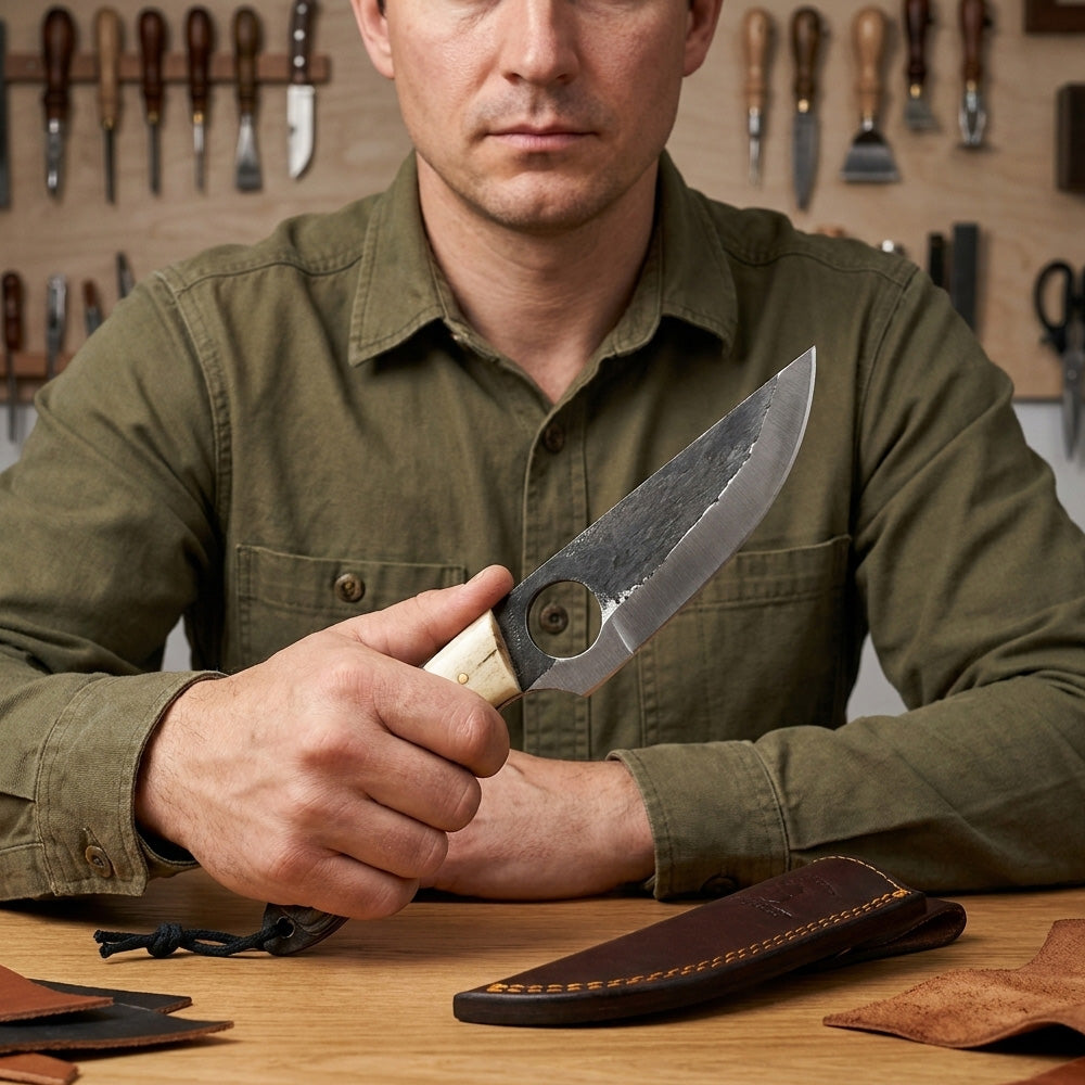 A man in an olive green shirt holds a fixed-blade knife with a dark steel blade and a light-colored handle. A brown leather sheath lies on the wooden table in front of him, with a workshop background of hanging tools.