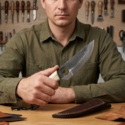 A man in an olive green shirt holds a fixed-blade knife with a dark steel blade and a light-colored handle. A brown leather sheath lies on the wooden table in front of him, with a workshop background of hanging tools.