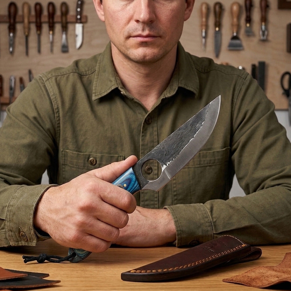 BC 899-BLB 9.5" Bone Collector Forge Scale Full Tang Hunting Knife with Leather Sheath
