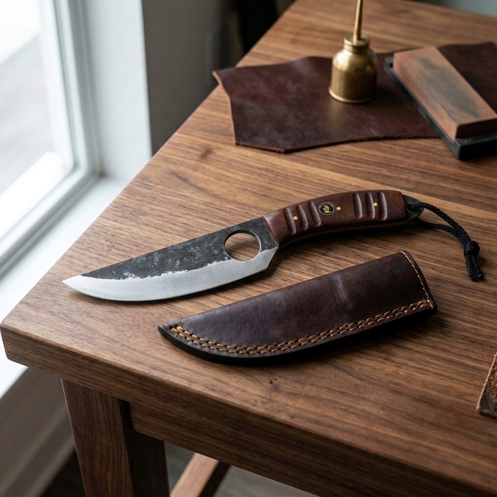 BC 899-RW 9.5" Bone Collector Forge Scale Full Tang Hunting Knife with Leather Sheath