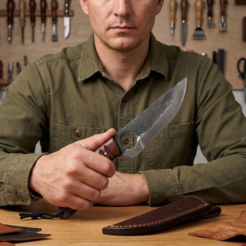BC 899-RW 9.5" Bone Collector Forge Scale Full Tang Hunting Knife with Leather Sheath