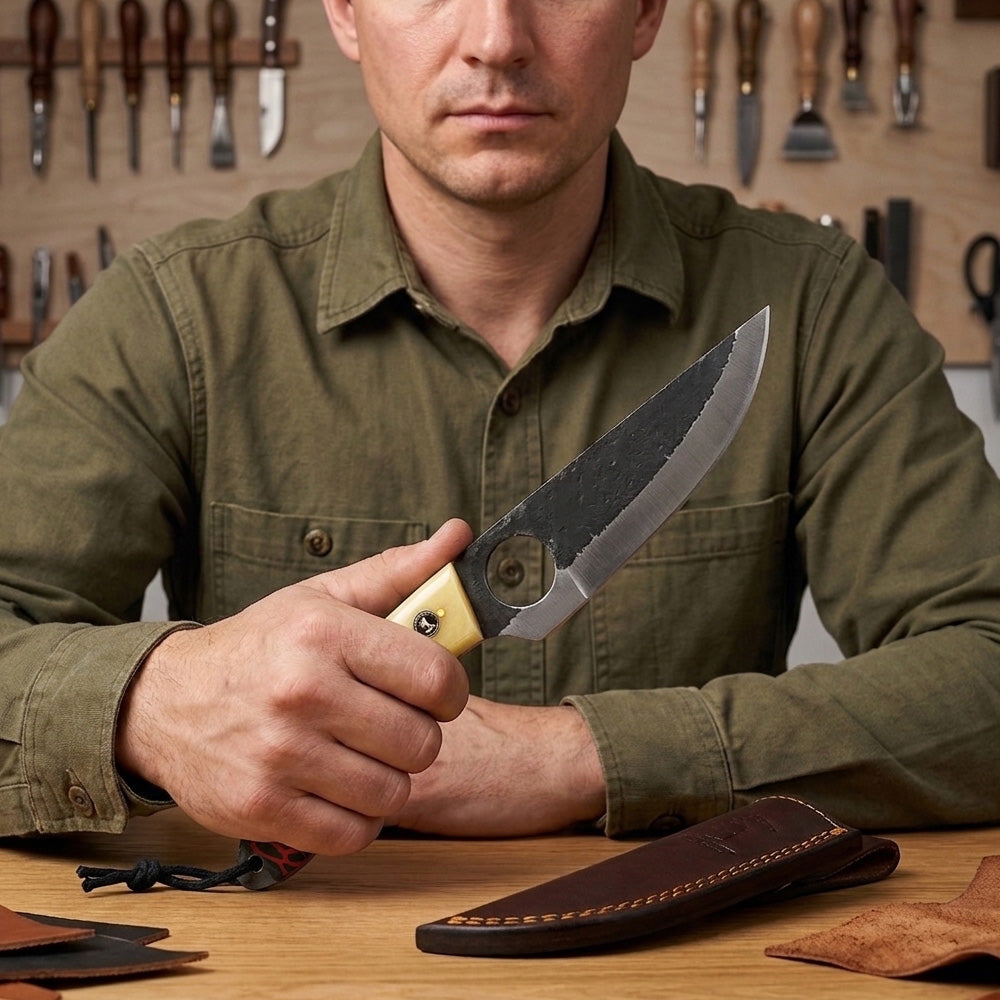 BC 899-YR 9.5" Bone Collector Forge Scale Full Tang Hunting Knife with Leather Sheath