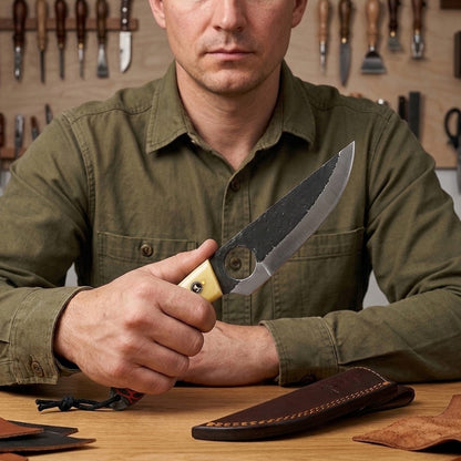 BC 899-YR 9.5" Bone Collector Forge Scale Full Tang Hunting Knife with Leather Sheath