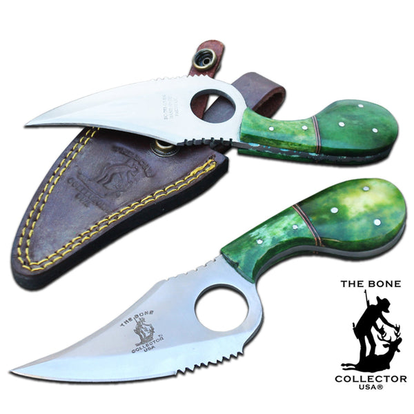 BC 793-GNBN 7" Bone Collector Green Bone Handle Skinning Knife with Leather Sheath