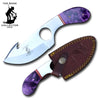 BC 854 7.25" Bone Collector Purple Acrylic Handle Full Tang Hunting Guthook Knife with Finger Hole and Leather Sheath