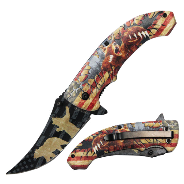BF 1531-BR 4.75" Patriotic Bear Trailing Point Blade Assist-Open Folding Knife