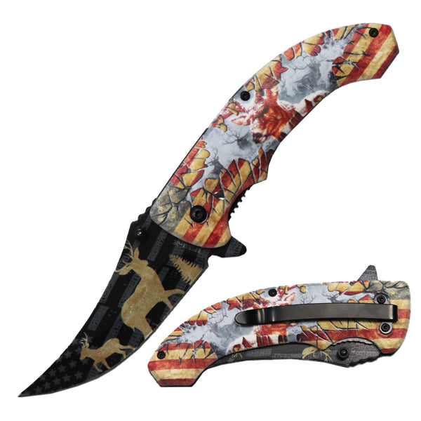 BF 1531-DE 4.75" Patriotic Deer Trailing Point Blade Assist-Open Folding Knife