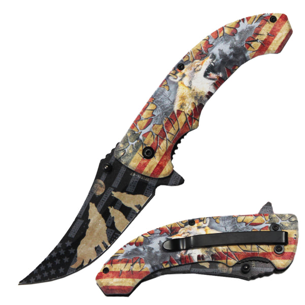 BF 1531-WF 4.75" Patriotic Wolf Trailing Point Blade Assist-Open Folding Knife