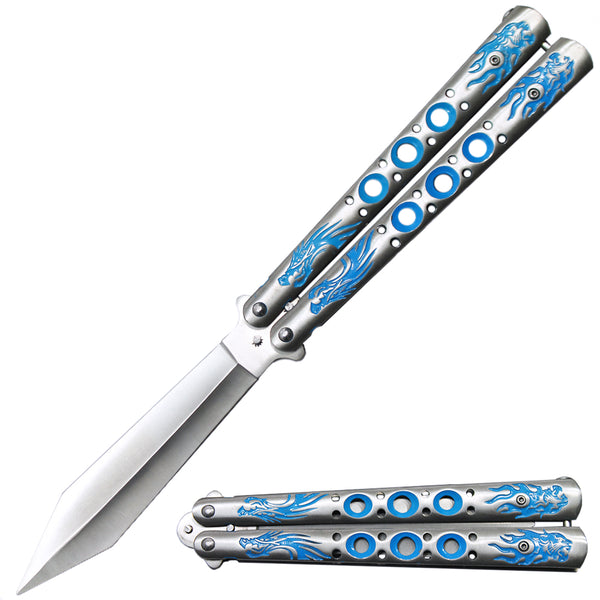 BF 1704-BL 6" Blue Dragon Tiger Head Metal Handle Dull Blade Butterfly Trainer