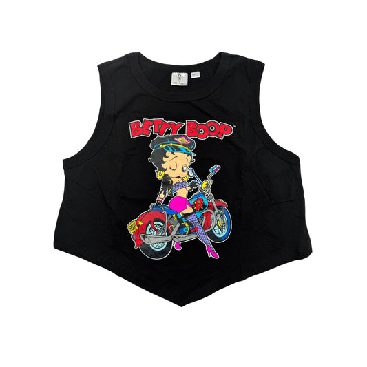 Women’s Mad Engine Betty Boop biker graphic tank top with tie back, featuring a playful design and comfortable fit.