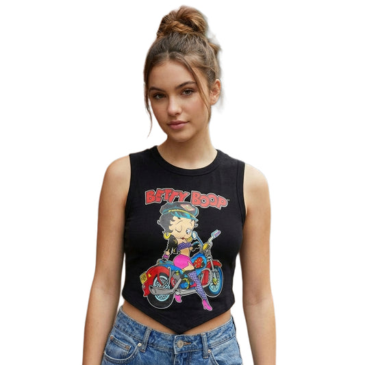 Women's Junior's Mad Engine Betty Boop biker graphic tie back tank top featuring a playful design and stylish silhouette.