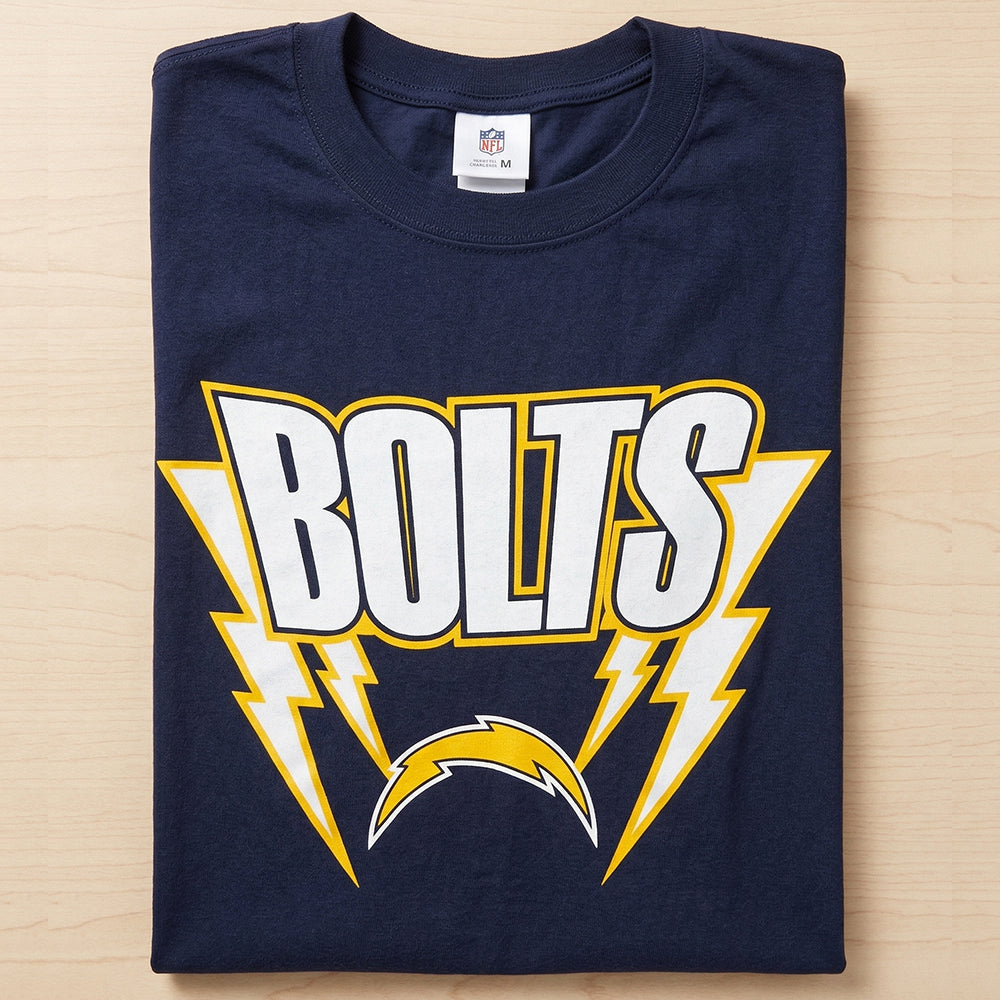 Navy men's Los Angeles Chargers Bolts T-shirt by Starter featuring Chargers logo and team name on front.