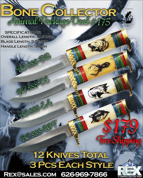 Bone Collector Animal Knife Package Deal from Rex Distributor, Inc. includes various hunting knives with ergonomic handles and durable blades.