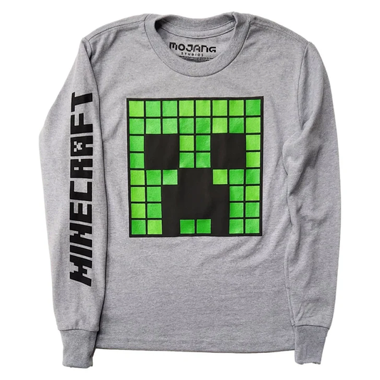 Boys grey Minecraft Creeper long sleeve graphic T-shirt by Bioworld featuring a Creeper face design.