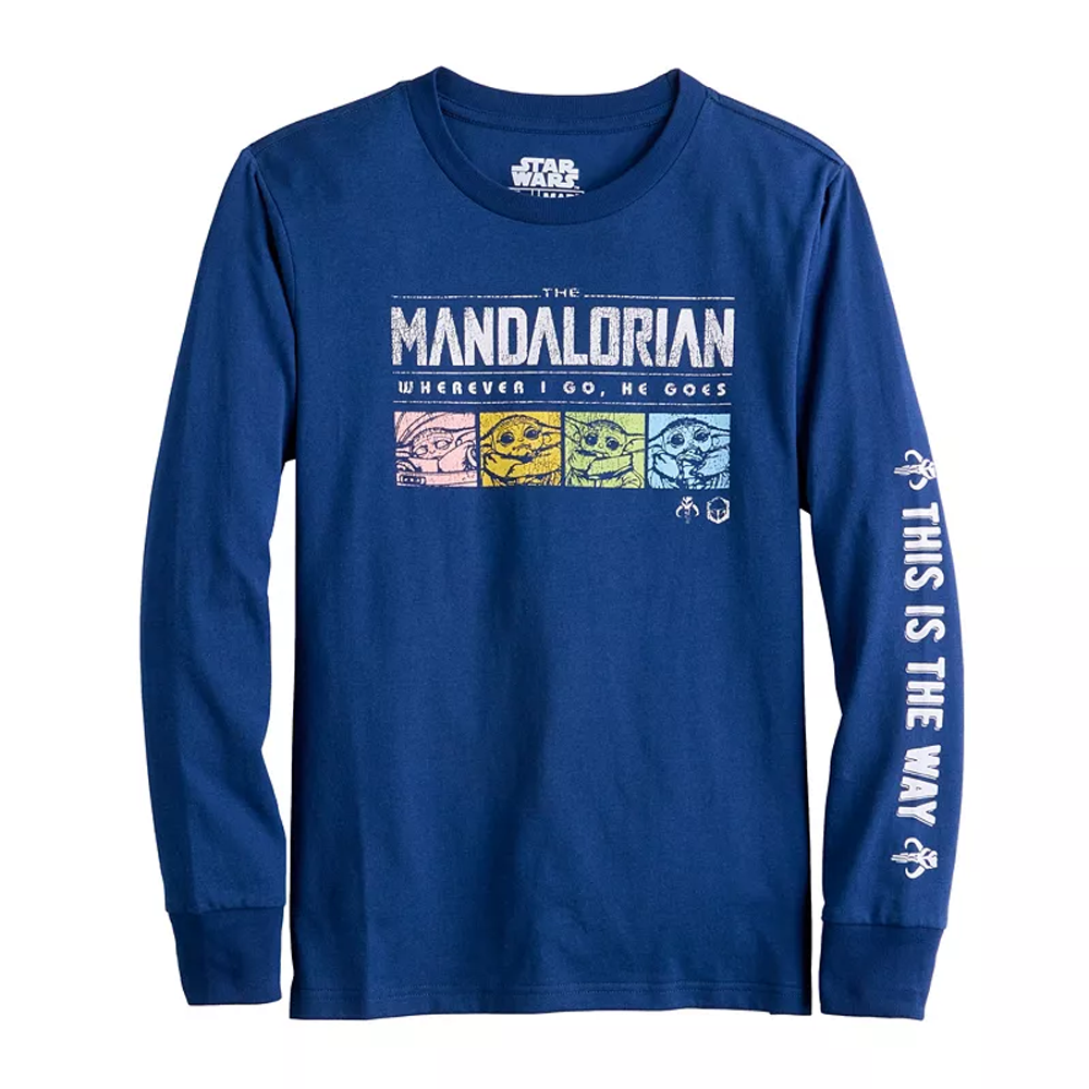Boys' Star Wars Mandalorian Grogu graphic T-shirt by Mighty Fine, featuring Baby Yoda illustration on a casual shirt.