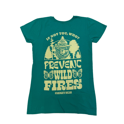 Women's green Smokey the Bear butterfly T-shirt by Rex Distributor, Inc., featuring a fire prevention design and butterfly graphic.