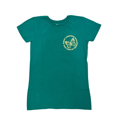 Green Smokey The Bear butterfly T-shirt for women and juniors, featuring a fire prevention design on a casual shirt by Rex Distributor.