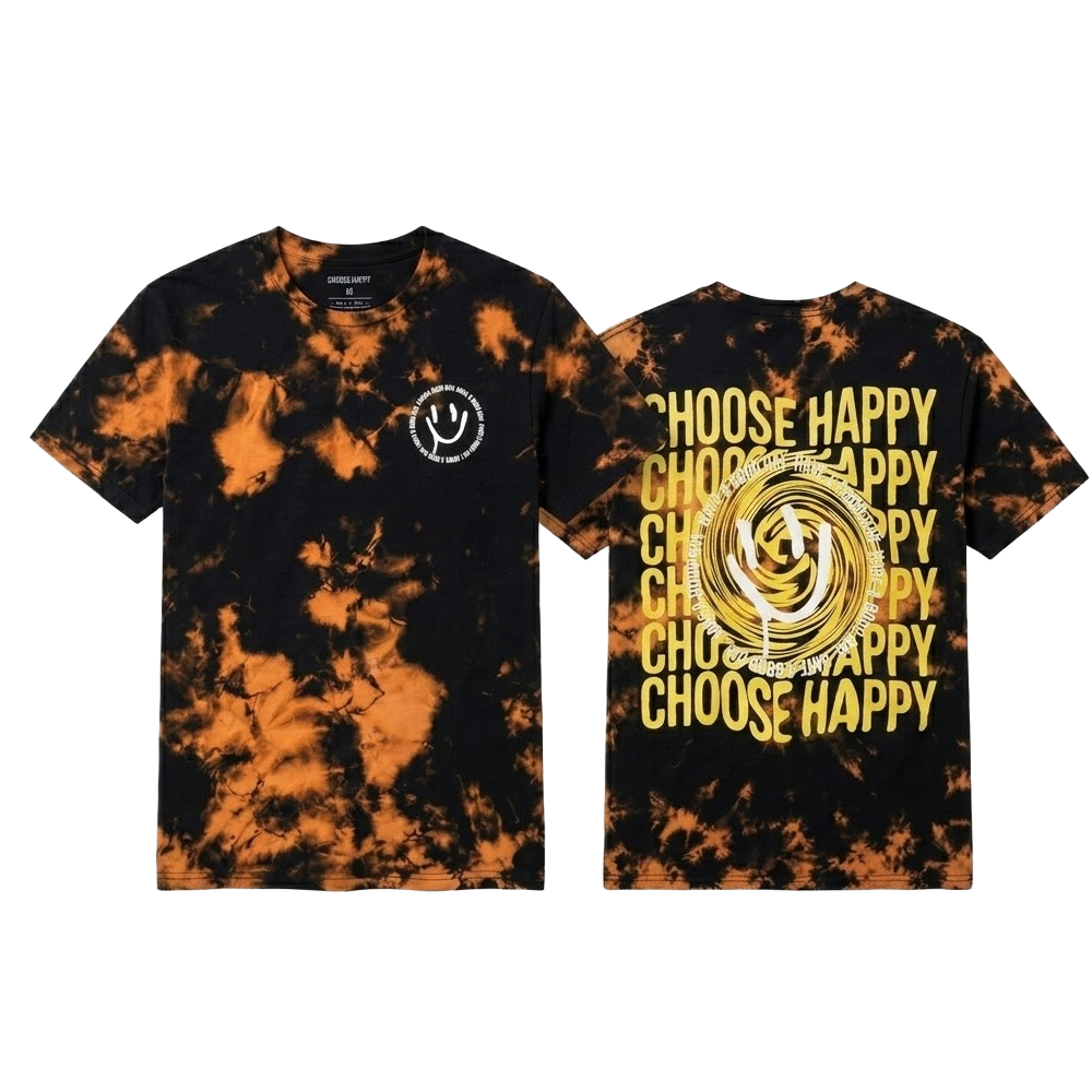 Men's black and orange tie dye graphic T-shirt with a "Choose Happy Smile" design from C-Life Group.