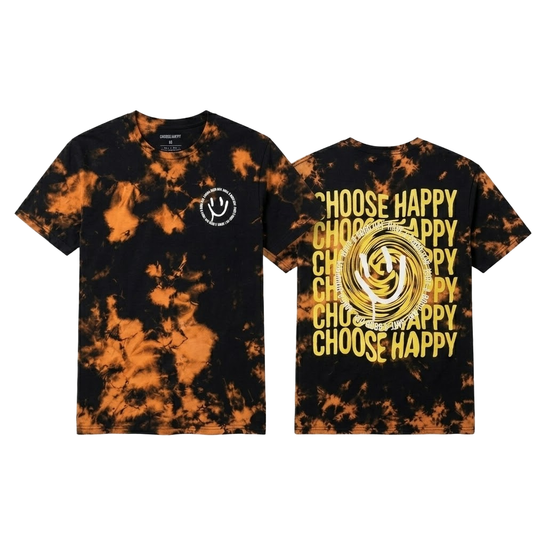 Men's black and orange tie dye graphic T-shirt with a "Choose Happy Smile" design from C-Life Group.