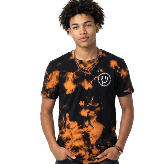 Men's black and orange tie-dye graphic T-shirt featuring a smiley face design by C-Life Group.