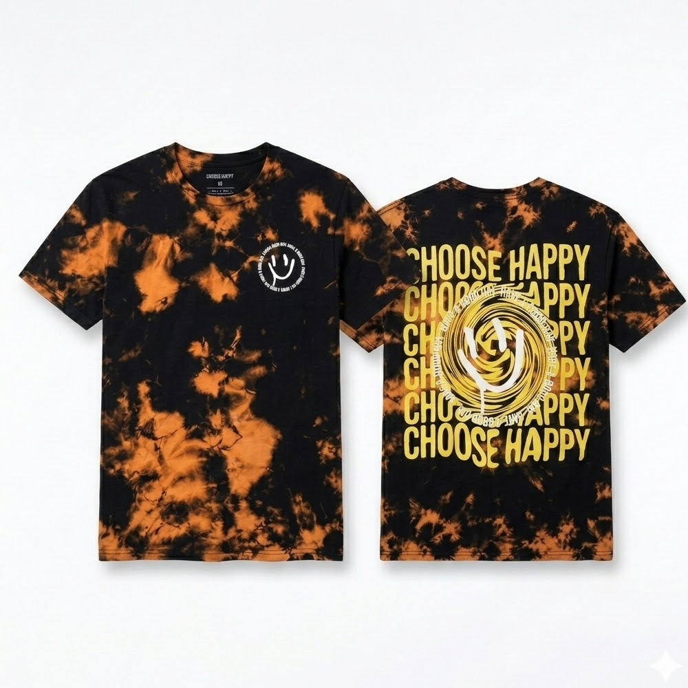 Men's black and orange tie-dye graphic t-shirt featuring a cheerful smiley face design by C-Life Group.