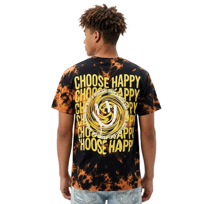 Men's black and orange tie dye graphic T-shirt with "Choose Happy Smile" design by C-Life Group, featuring a cheerful smile graphic.