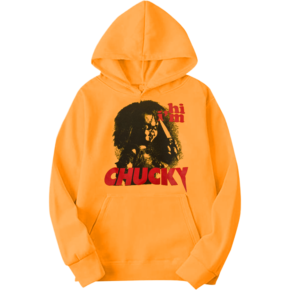Men's gold Chucky knife graphic hoodie with pull-over design, featuring bold horror-themed artwork on front.