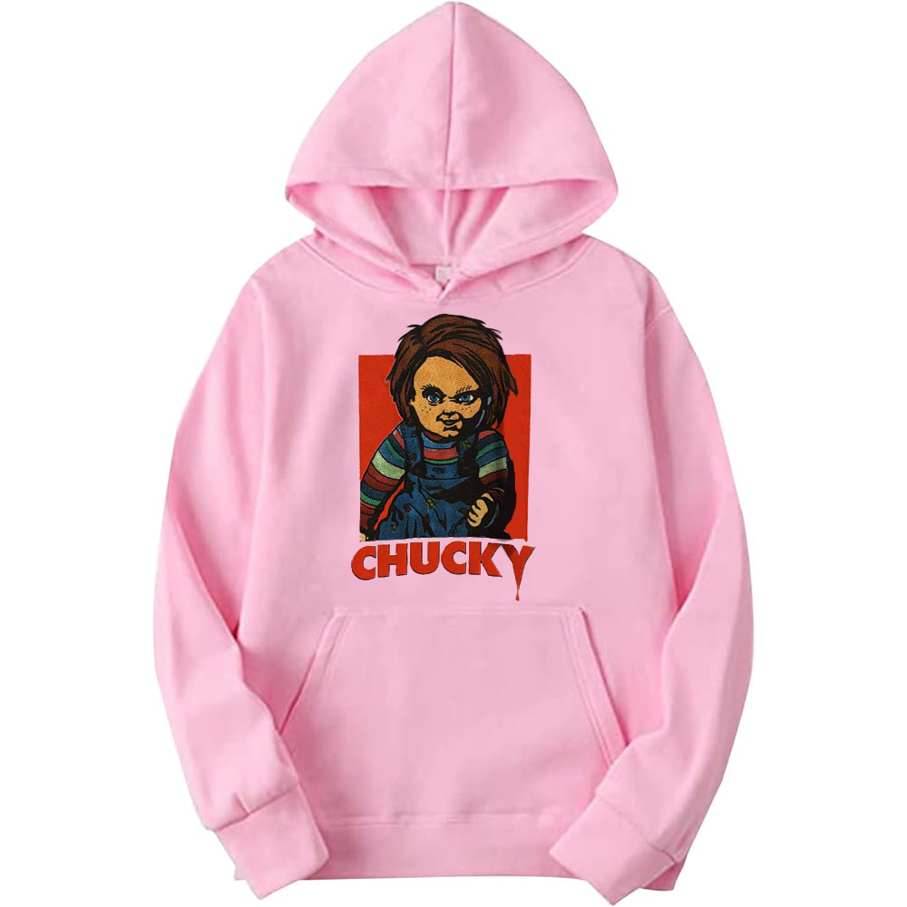 Pink men's hoodie with Chucky fist graphic, adult pull-over style, from Rex Distributor, Inc.