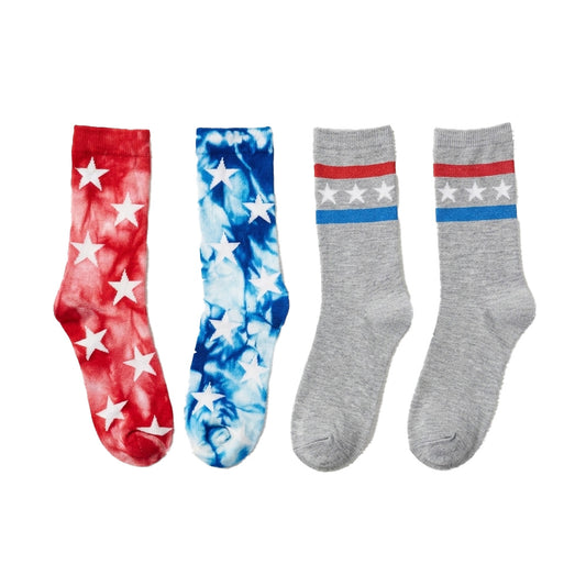 Pair of women's tie-dye and star crew socks by Bioworld, featuring colorful patterns and comfortable fit for sizes 4-10.