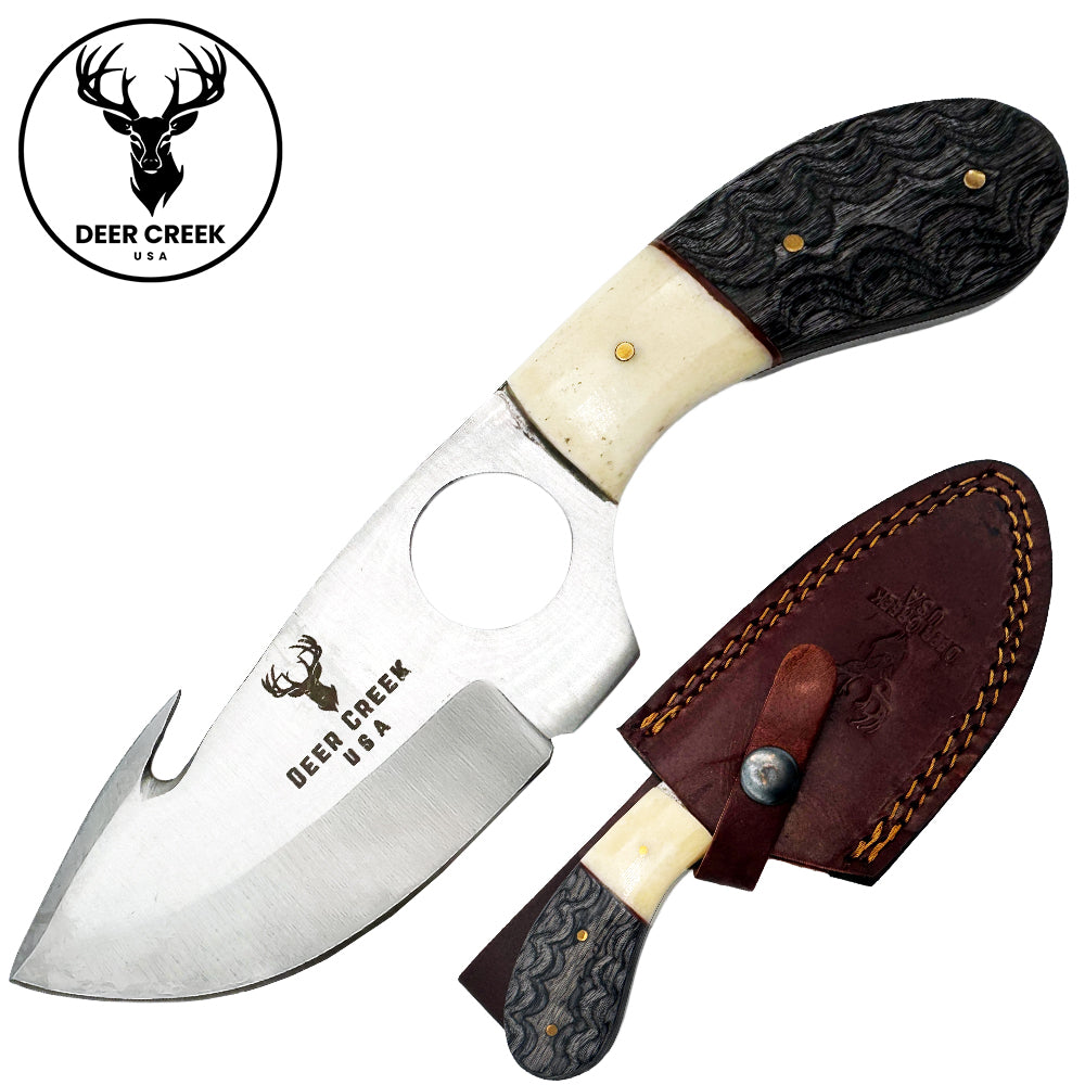 DC 018 7.25" Deer Creek Black Pakkawood & Bovine Bone Gut Hook Hunting Knife with Leather Sheath - Rex Distributor, Inc. Wholesale Licensed Products and T-shirts, Sporting goods,