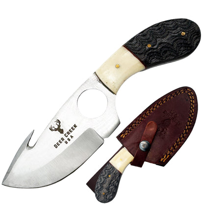 DC 018 7.25" Deer Creek Black Pakkawood & Bovine Bone Gut Hook Hunting Knife with Leather Sheath - Rex Distributor, Inc. Wholesale Licensed Products and T-shirts, Sporting goods,