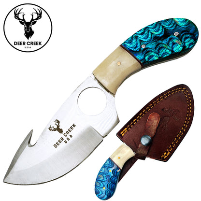 DC 019 7.25" Deer Creek Blue Pakkawood & Bovine Bone Gut Hook Hunting Knife with Leather Sheath - Rex Distributor, Inc. Wholesale Licensed Products and T-shirts, Sporting goods,