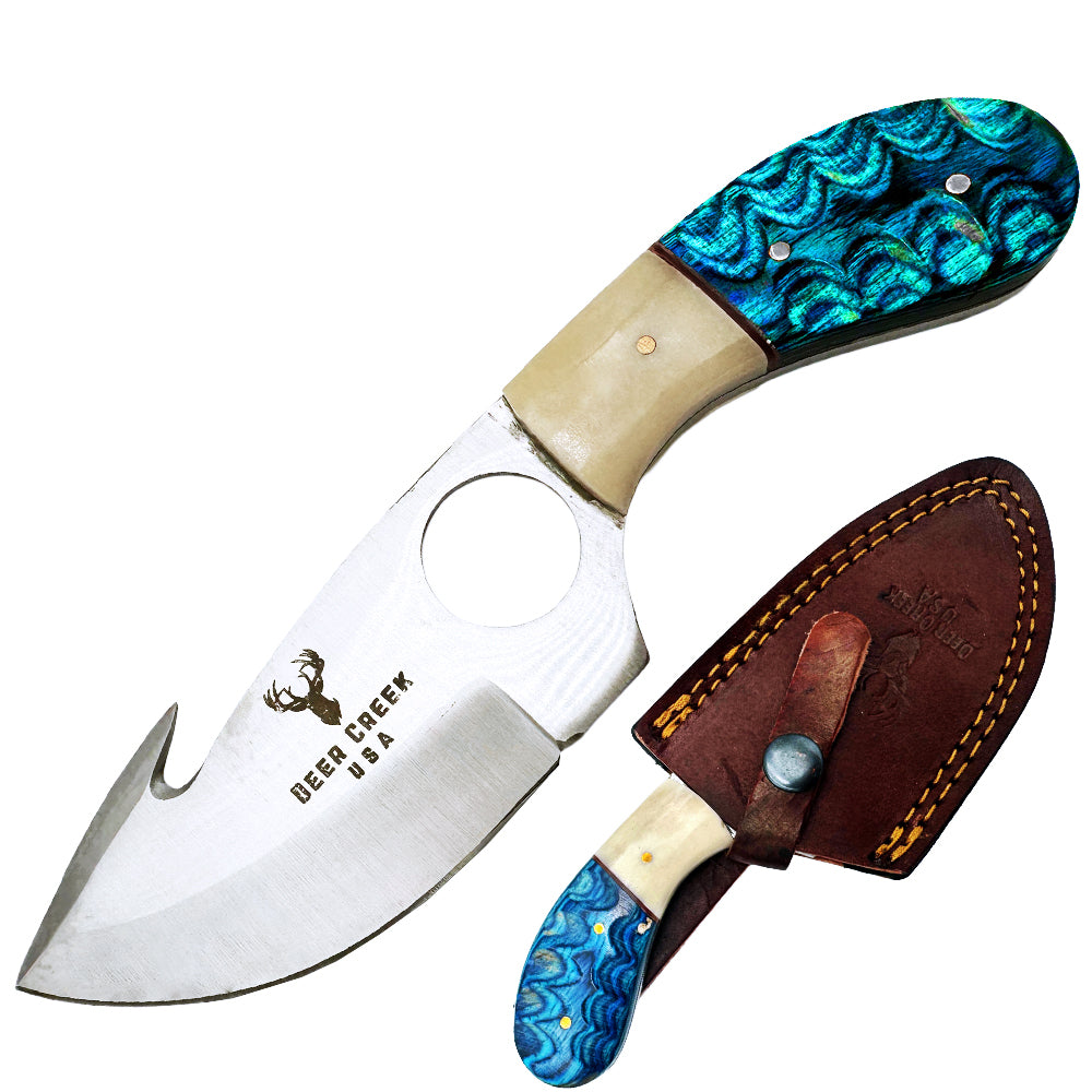 DC 019 7.25" Deer Creek Blue Pakkawood & Bovine Bone Gut Hook Hunting Knife with Leather Sheath - Rex Distributor, Inc. Wholesale Licensed Products and T-shirts, Sporting goods,