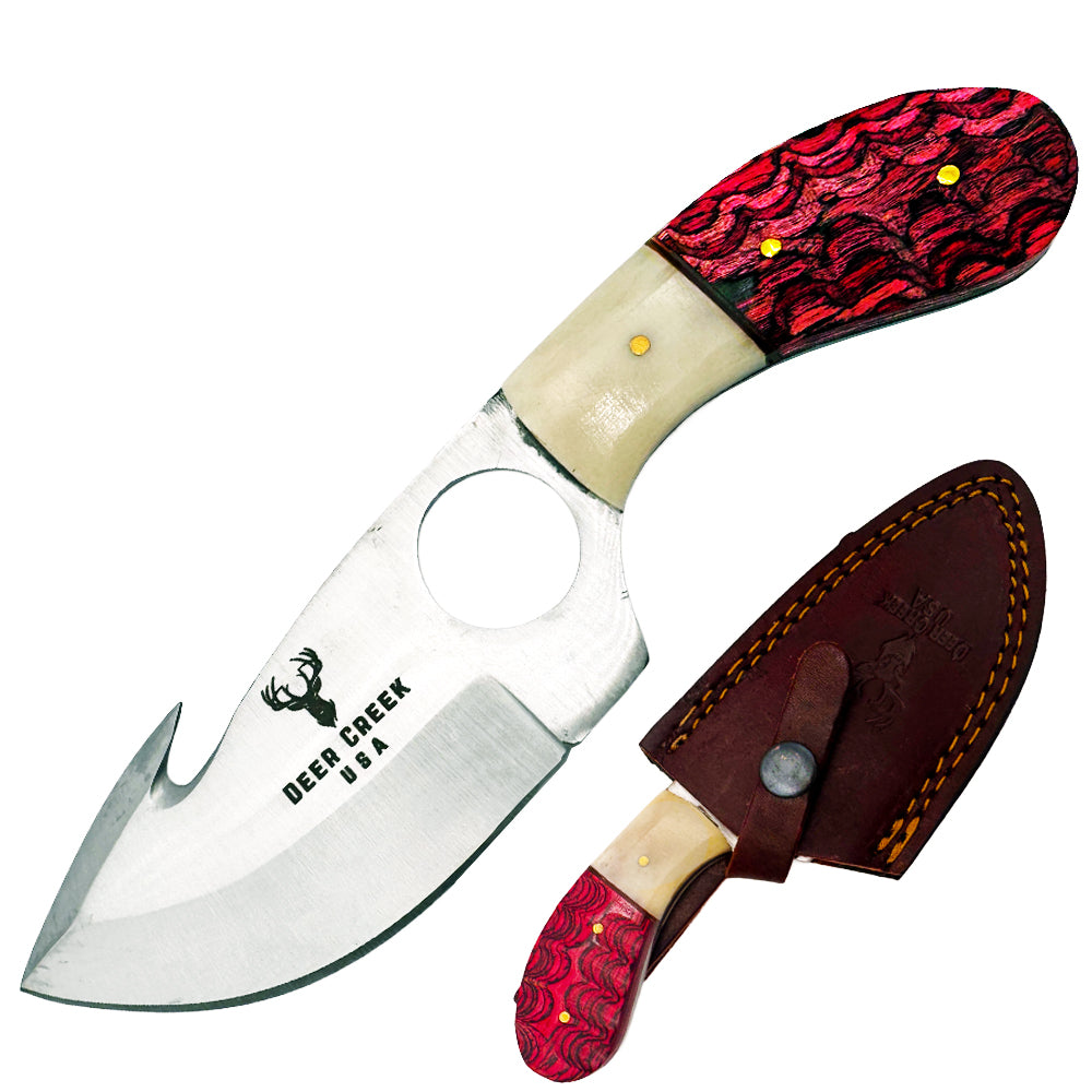 DC 020 7.25" Deer Creek Red Pakkawood & Bovine Bone Gut Hook Hunting Knife with Leather Sheath - Rex Distributor, Inc. Wholesale Licensed Products and T-shirts, Sporting goods,