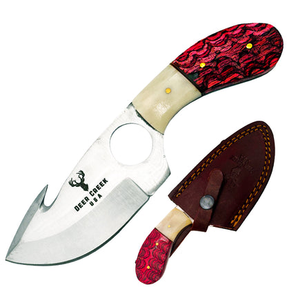 DC 020 7.25" Deer Creek Red Pakkawood & Bovine Bone Gut Hook Hunting Knife with Leather Sheath - Rex Distributor, Inc. Wholesale Licensed Products and T-shirts, Sporting goods,
