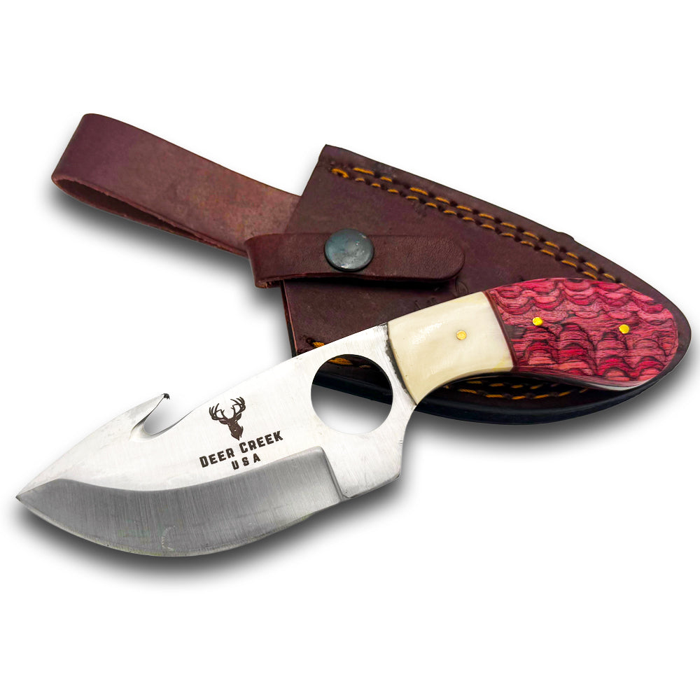DC 020 7.25" Deer Creek Red Pakkawood & Bovine Bone Gut Hook Hunting Knife with Leather Sheath - Rex Distributor, Inc. Wholesale Licensed Products and T-shirts, Sporting goods,