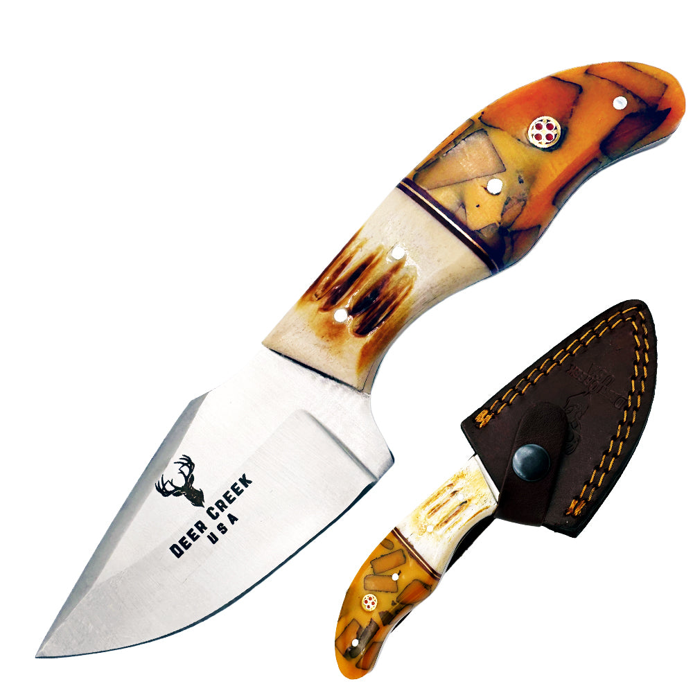 DC 001 7" Deer Creek Yellow Resin & Bovine Short Skinner Hunting Knife with Leather Sheath - Rex Distributor, Inc. Wholesale Licensed Products and T-shirts, Sporting goods,