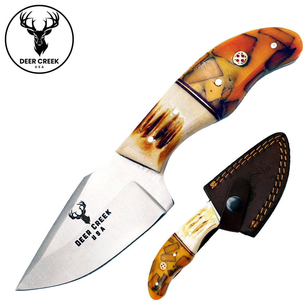 DC 001 7" Deer Creek Yellow Resin & Bovine Short Skinner Hunting Knife with Leather Sheath - Rex Distributor, Inc. Wholesale Licensed Products and T-shirts, Sporting goods,