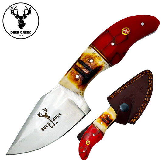 DC 002 7" Deer Creek Red Resin & Bovine Short Skinner Hunting Knife with Leather Sheath