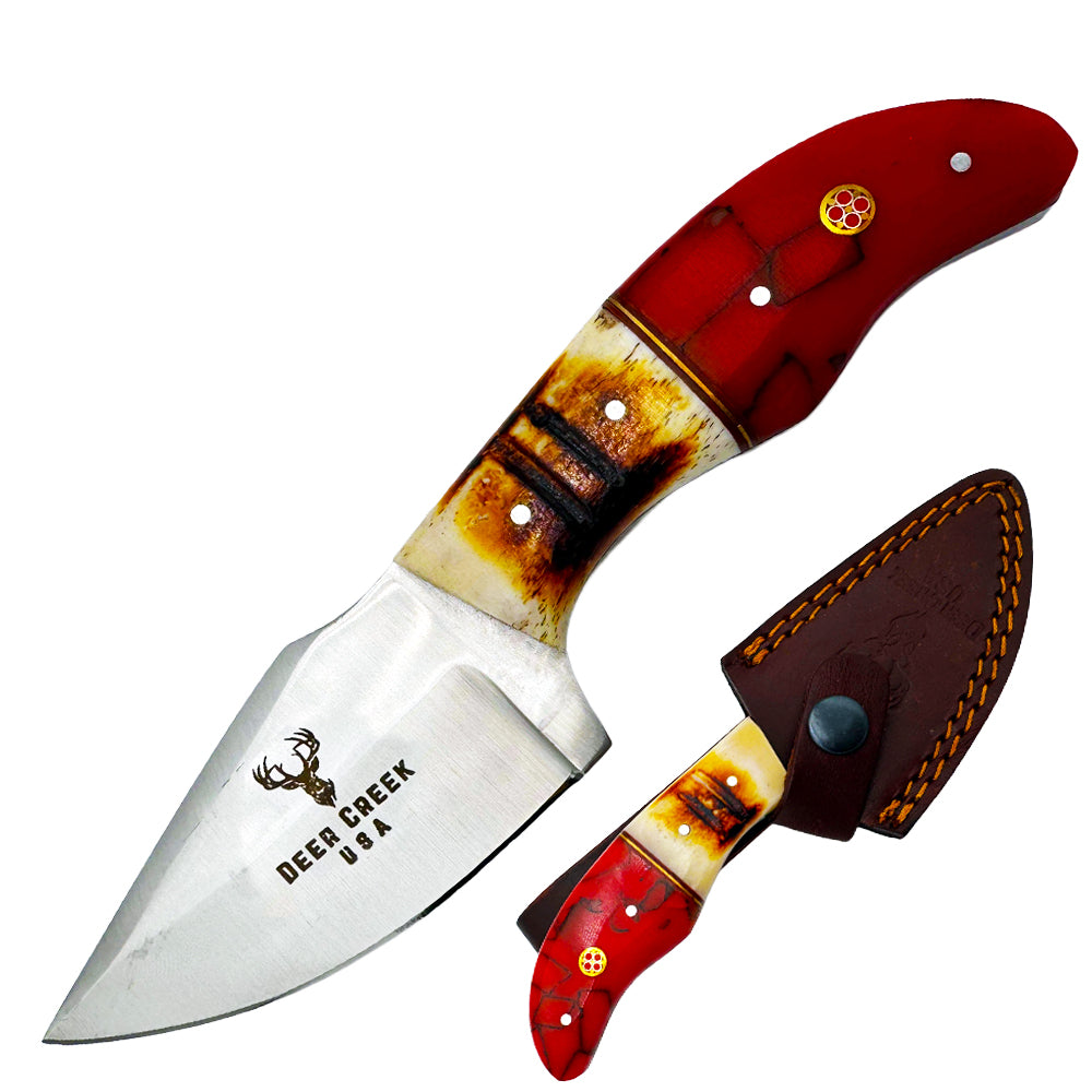 DC 002 7" Deer Creek Red Resin & Bovine Short Skinner Hunting Knife with Leather Sheath - Rex Distributor, Inc. Wholesale Licensed Products and T-shirts, Sporting goods,